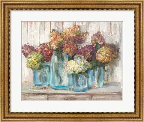 Framed Hydrangeas in Glass Jars White Wood Print