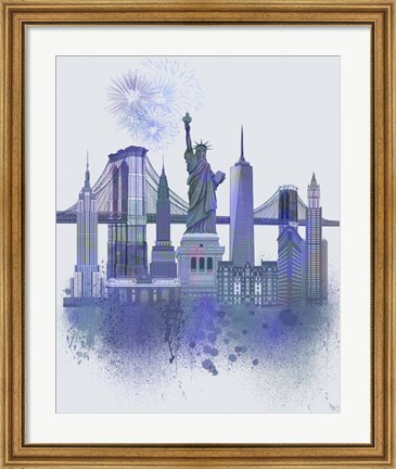 Framed New York Skyline Watercolour Splash Blue Print