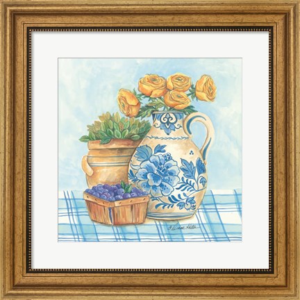 Framed Blue and White Pottery with Flowers II Print