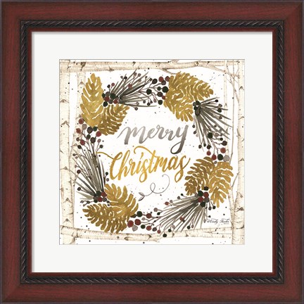 Framed Merry Christmas Birch Wreath with Berries Print