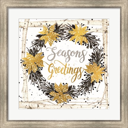 Framed Seasons Greetings Birch Wreath Print