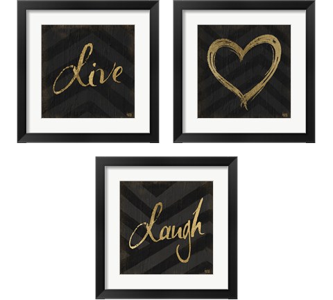 Chevron Sentiments Gold Heart Trio 3 Piece Framed Art Print Set by Hartworks