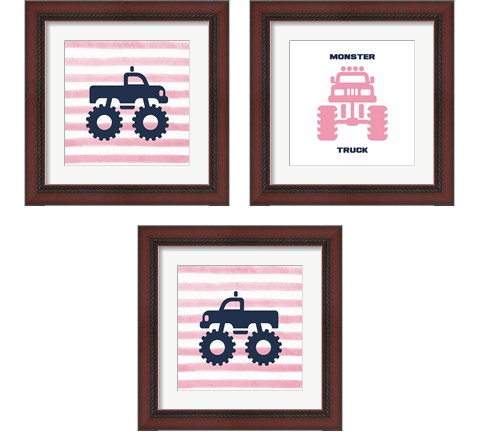 Monster Truck Graphic Pink 3 Piece Framed Art Print Set by Color Me Happy