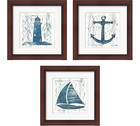 Nautical Collage On White Wood 3 Piece Framed Art Print Set by Courtney Prahl