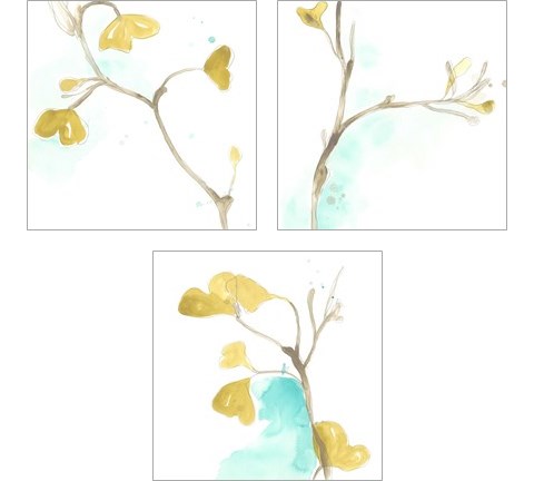 Teal and Ochre Ginko 3 Piece Art Print Set by June Erica Vess