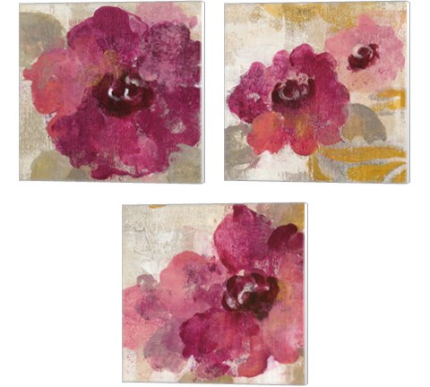 Elegant Fresco Floral Gold Flower 3 Piece Canvas Print Set by Silvia Vassileva