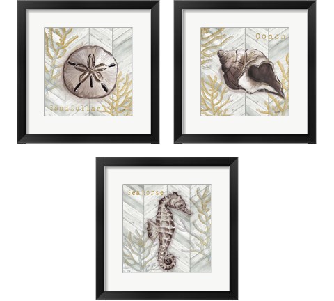 Gray Gold Chevron Sea Life 3 Piece Framed Art Print Set by Tre Sorelle Studios