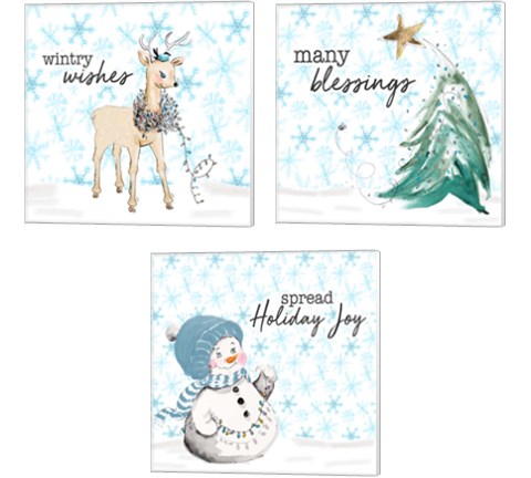 Blue Whimsical Christmas 3 Piece Canvas Print Set by Patricia Pinto