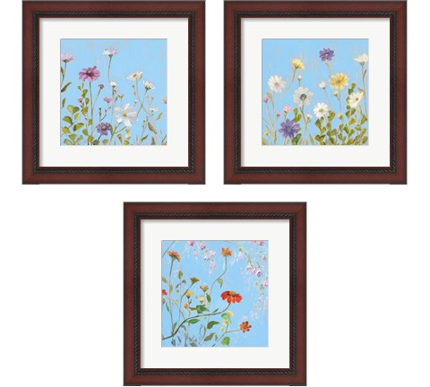 Wild Flowers on Cerulean 3 Piece Framed Art Print Set by Sandra Iafrate