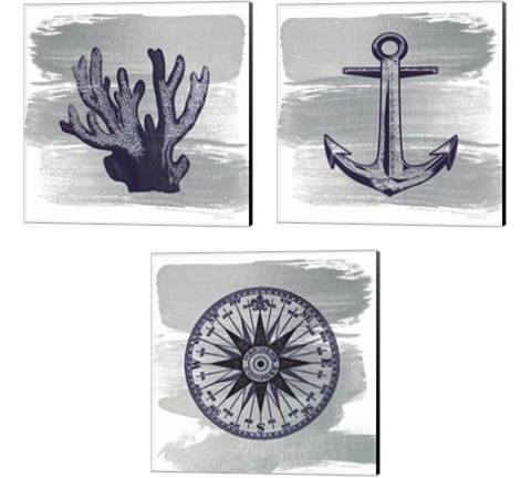 Nautical Brushed Midnight Blue 3 Piece Canvas Print Set by Bluebird Barn