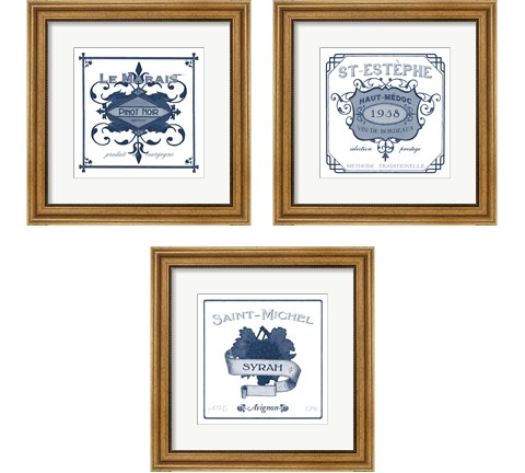 Indigo Wine Labels 3 Piece Framed Art Print Set by June Erica Vess