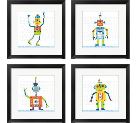 Robot Party on Squares 4 Piece Framed Art Print Set by Melissa Averinos