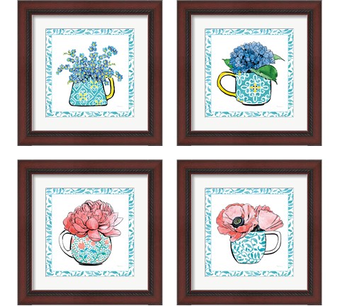 Floral Teacup Vine Border 4 Piece Framed Art Print Set by Beth Grove