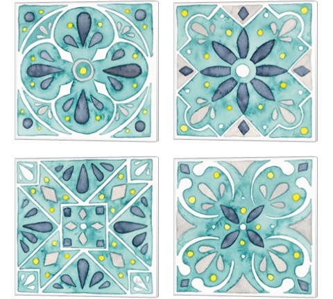 Garden Getaway Tile Teal 4 Piece Canvas Print Set by Laura Marshall