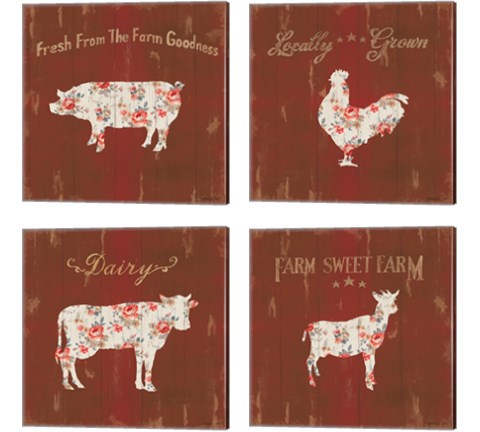 Farm Patchwork Red 4 Piece Canvas Print Set by Danhui Nai