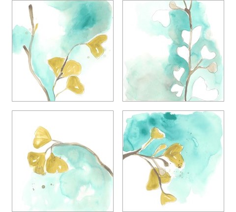 Teal and Ochre Ginko 4 Piece Art Print Set by June Erica Vess