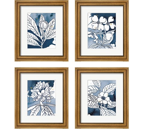 Indigo Blooms 4 Piece Framed Art Print Set by Wild Apple Portfolio