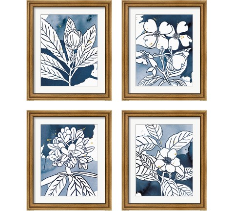 Indigo Blooms 4 Piece Framed Art Print Set by Wild Apple Portfolio