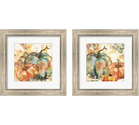 Watercolor Harvest Teal and Orange Pumpkins 2 Piece Framed Art Print Set by Tre Sorelle Studios