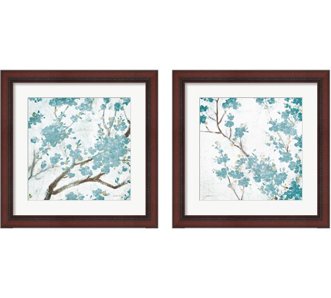 Teal Cherry Blossoms on Cream Aged 2 Piece Framed Art Print Set by Danhui Nai