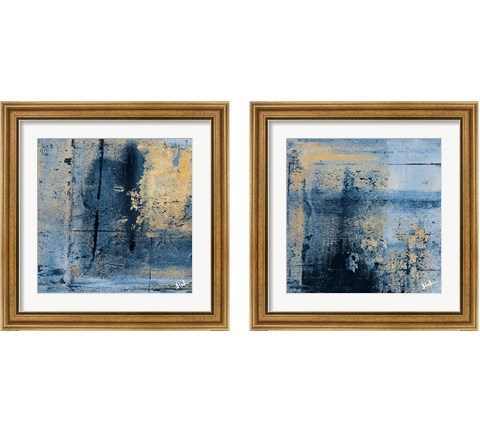 Gold on Blue Square 2 Piece Framed Art Print Set by Patricia Pinto