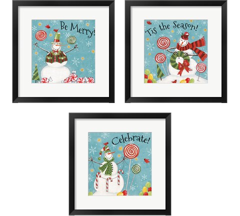 Sweet Snowmen Sign Blue 3 Piece Framed Art Print Set by Anne Tavoletti