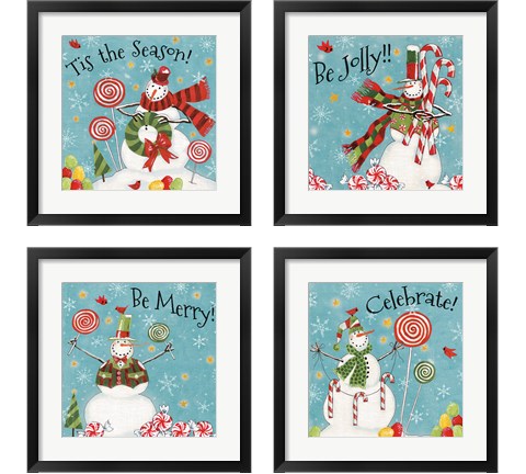 Sweet Snowmen Sign Blue 4 Piece Framed Art Print Set by Anne Tavoletti