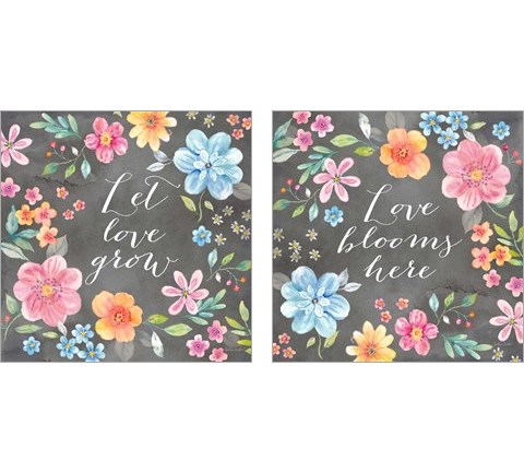 Whimsical Blooms Sentiment Black 2 Piece Art Print Set by Cynthia Coulter