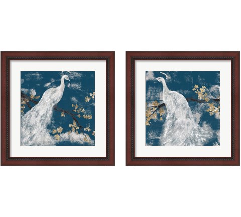 White Peacock on Indigo 2 Piece Framed Art Print Set by Jennifer Goldberger