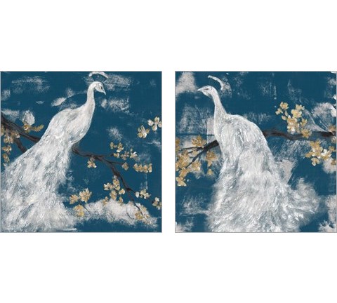 White Peacock on Indigo 2 Piece Art Print Set by Jennifer Goldberger