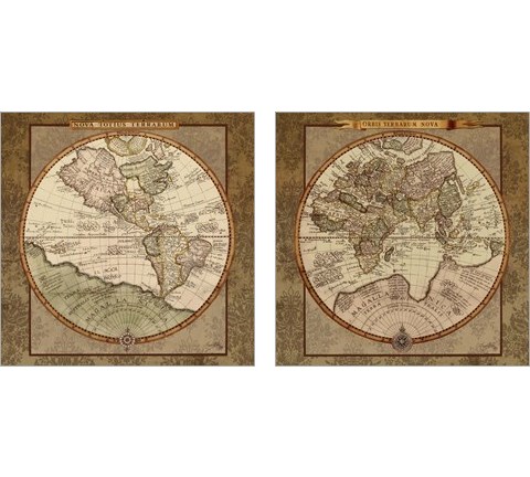 Damask World Map 2 Piece Art Print Set by Elizabeth Medley