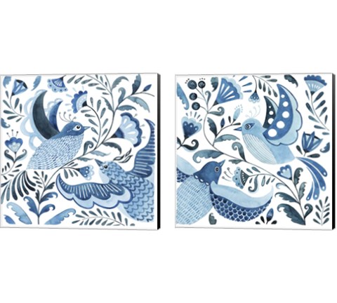 Blue Bird Folk 2 Piece Canvas Print Set by Grace Popp