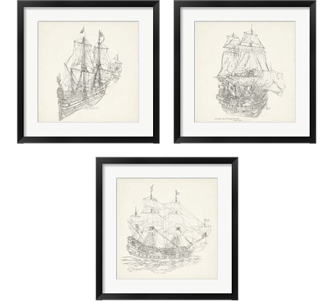 Antique Ship Sketch 3 Piece Framed Art Print Set by Richard Foust