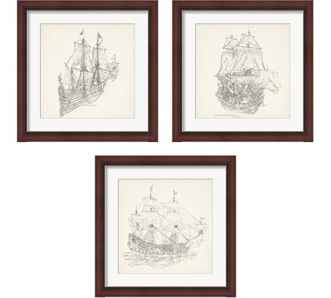 Antique Ship Sketch 3 Piece Framed Art Print Set by Richard Foust