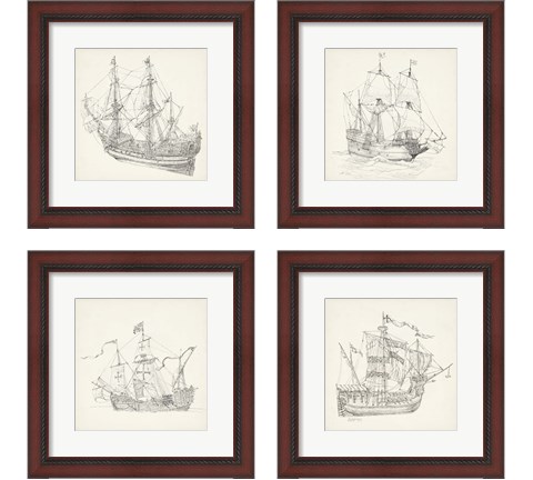 Antique Ship Sketch 4 Piece Framed Art Print Set by Richard Foust