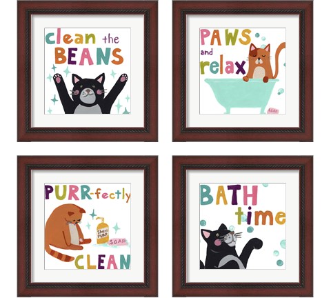 Cute Cat Bath 4 Piece Framed Art Print Set by June Erica Vess