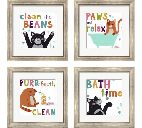 Cute Cat Bath 4 Piece Framed Art Print Set by June Erica Vess