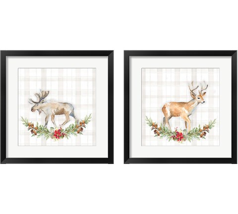 Holiday Woodland Wreath on Plaid 2 Piece Framed Art Print Set by Lanie Loreth