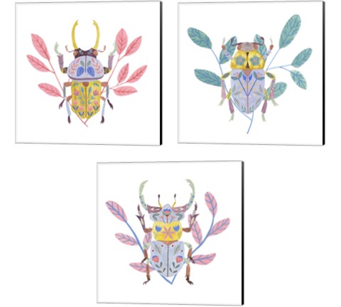 Floral Beetles 3 Piece Canvas Print Set by Melissa Wang