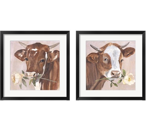 Peony Cow 2 Piece Framed Art Print Set by Annie Warren