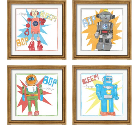 Toy Tin Robots 4 Piece Framed Art Print Set by Jennifer Parker