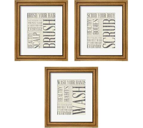 Bath Reminders in Gray 3 Piece Framed Art Print Set by SD Graphics Studio