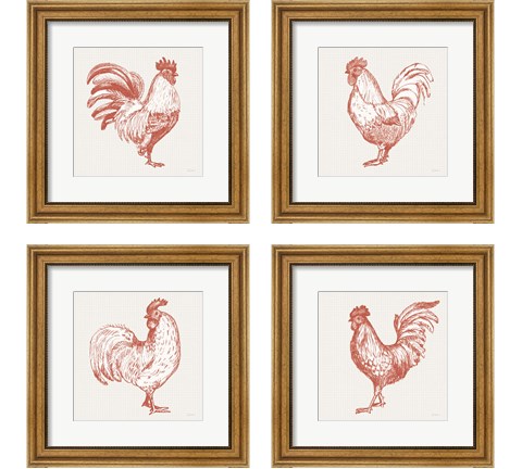 Cottage Rooster Red 4 Piece Framed Art Print Set by Sue Schlabach