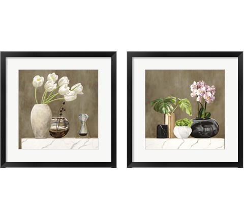 Floral Setting on White Marble 2 Piece Framed Art Print Set by Jenny Thomlinson