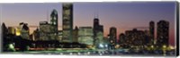 Framed Buildings lit up at dusk, Lake Michigan, Chicago, Cook County, Illinois, USA