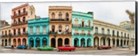Framed Cars in Front of Colorful Houses, Havana, Cuba