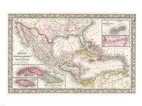 Framed 1866 Mitchell Map of Mexico and the West Indies