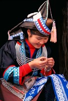 Framed Tip-Top Miao Girl Doing Traditional Embroidery, China