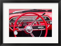 Framed Classic Red Steering Whell At An Antique Car Show