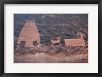 Framed Ancient Petroglyph Of Owl And Big Horn Sheep, Utah